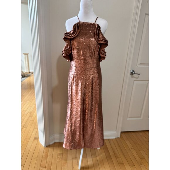 C/Meo Collective Womens Rose Gold Sequin Midi Dress With Ruffle Cold Shoulder De - Picture 1 of 11